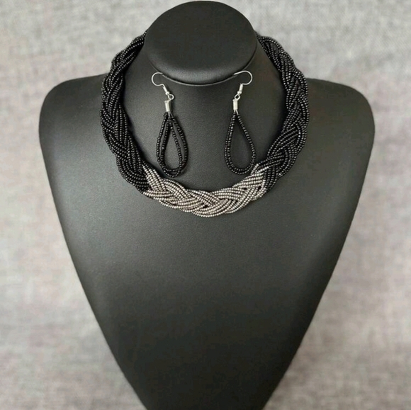 Handmade Black and Silver Beaded‎ Necklace and Earrings Set - Picture 1 of 4